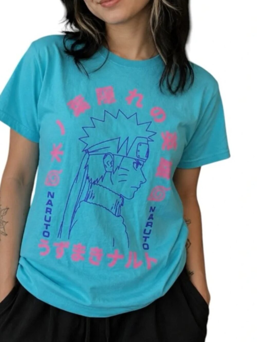 Naruto Uzumaki Graphic Tee Aqua Pink Anime Manga Short Sleeve T-Shirt Size Small